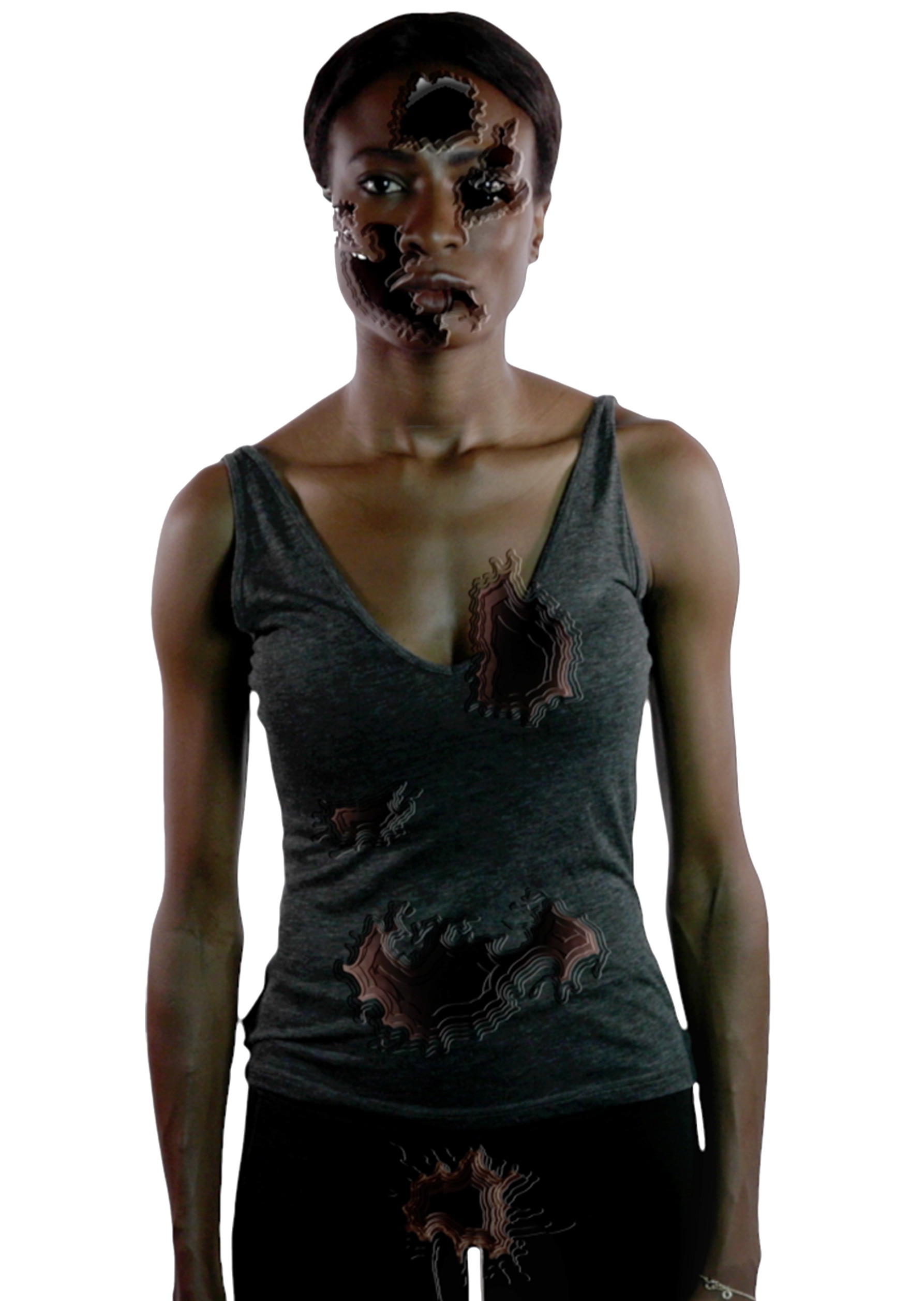 Still from a film showing a woman with injuries