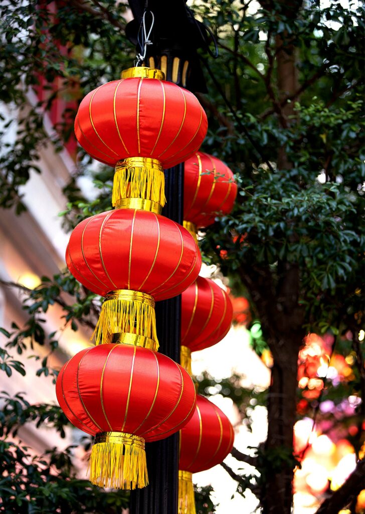 Red lanterns hanging in a tree