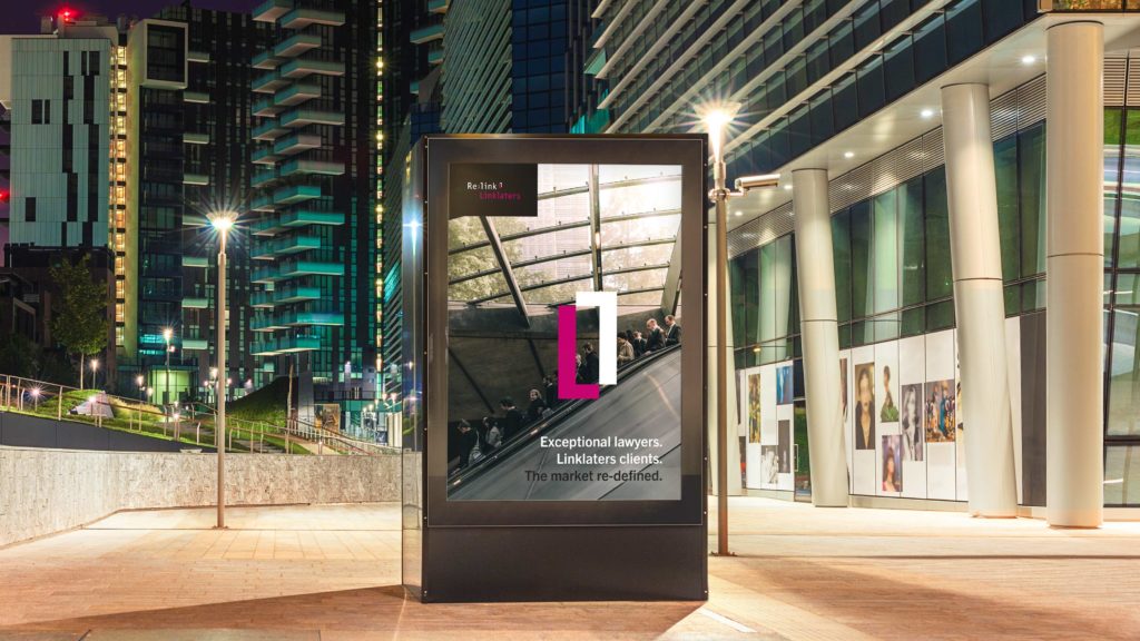 A poster at nighttime advertising Linklaters Re:link flexible resourcing programme.