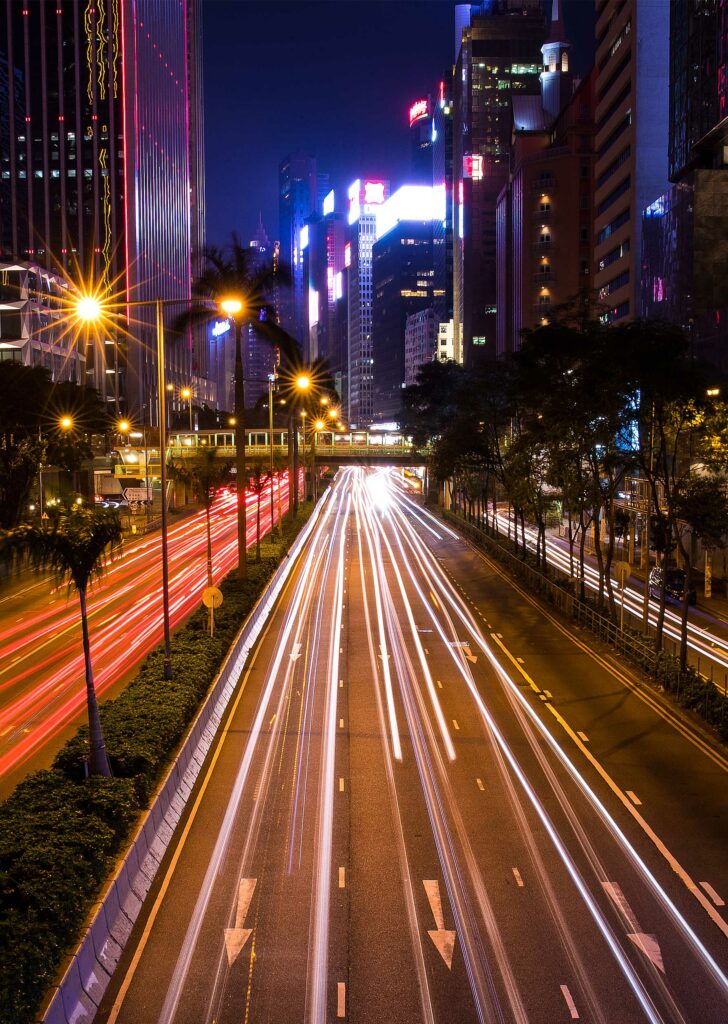 Long exposure photograph of a road in Hong Kong at night