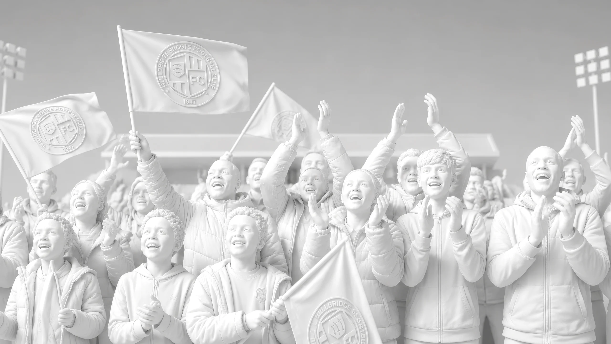 Cheering group of football fans in jackets, waving club-crest flags at a stadium