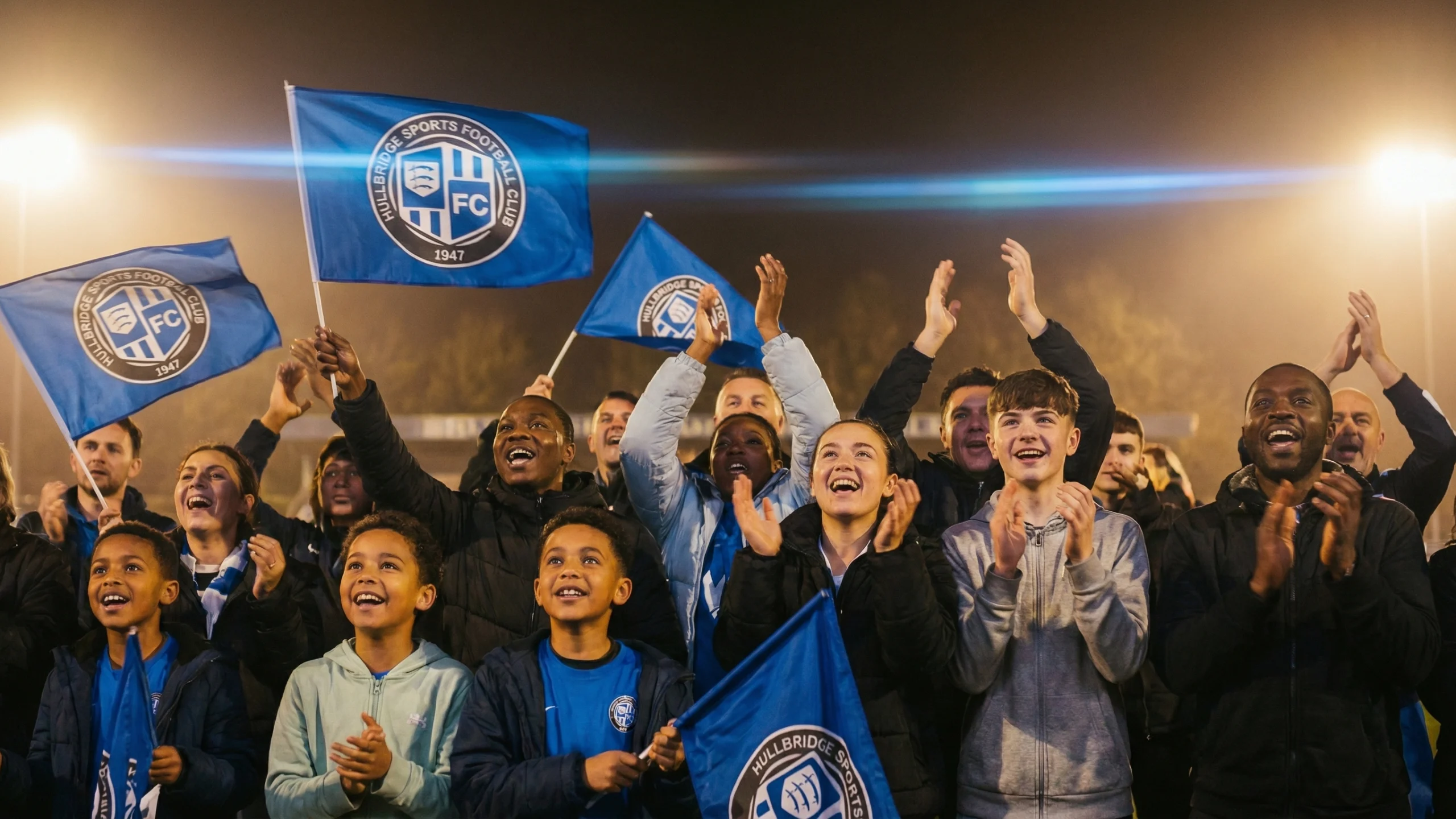 Blue flag with the Hamburger Sport-Verein (HSV) crest waving in a crowded stadium at night; the logo includes the letters HSV and the year 1947.