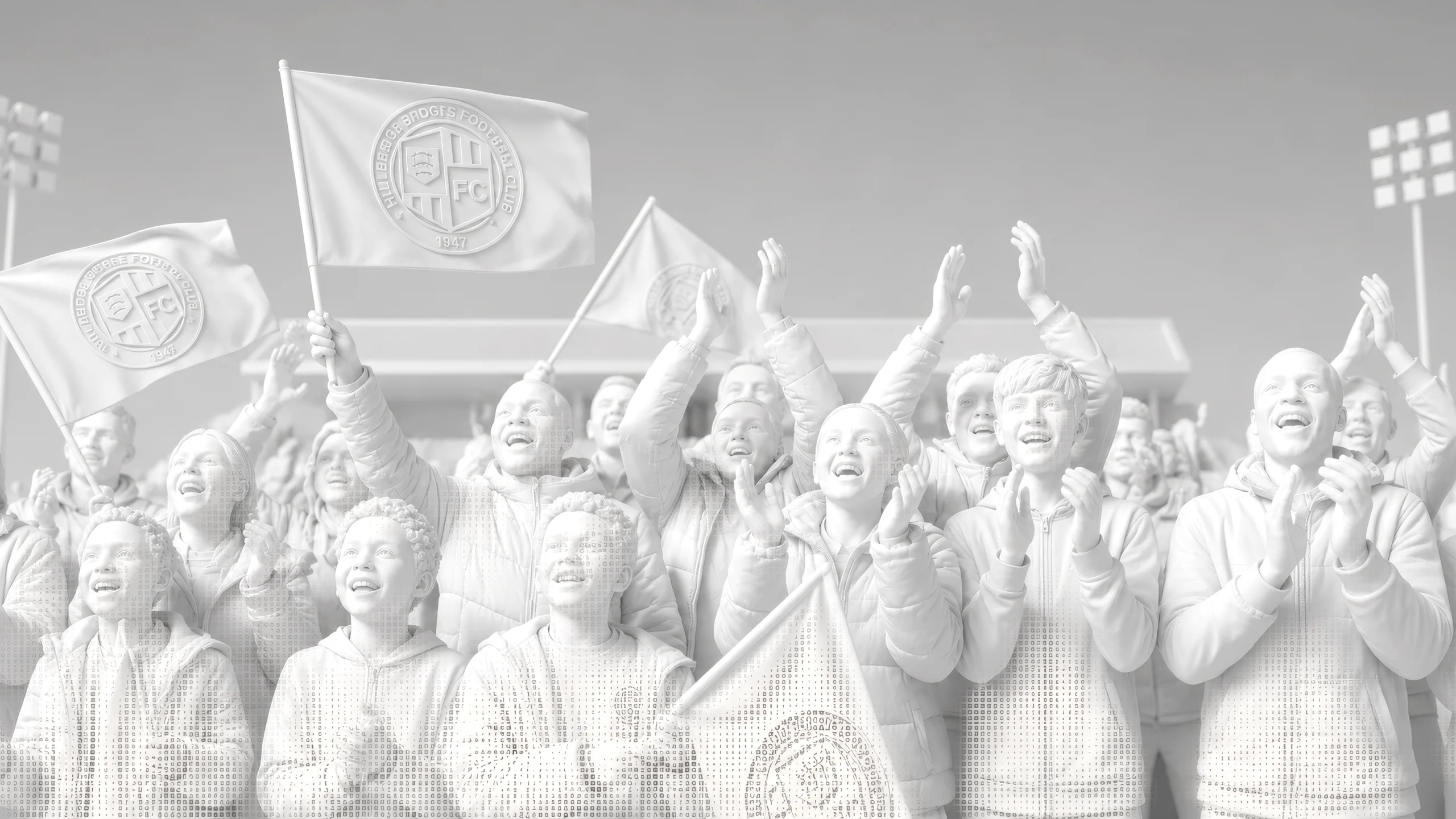 Cheering crowd of fans at a stadium, waving flags bearing a football club emblem.