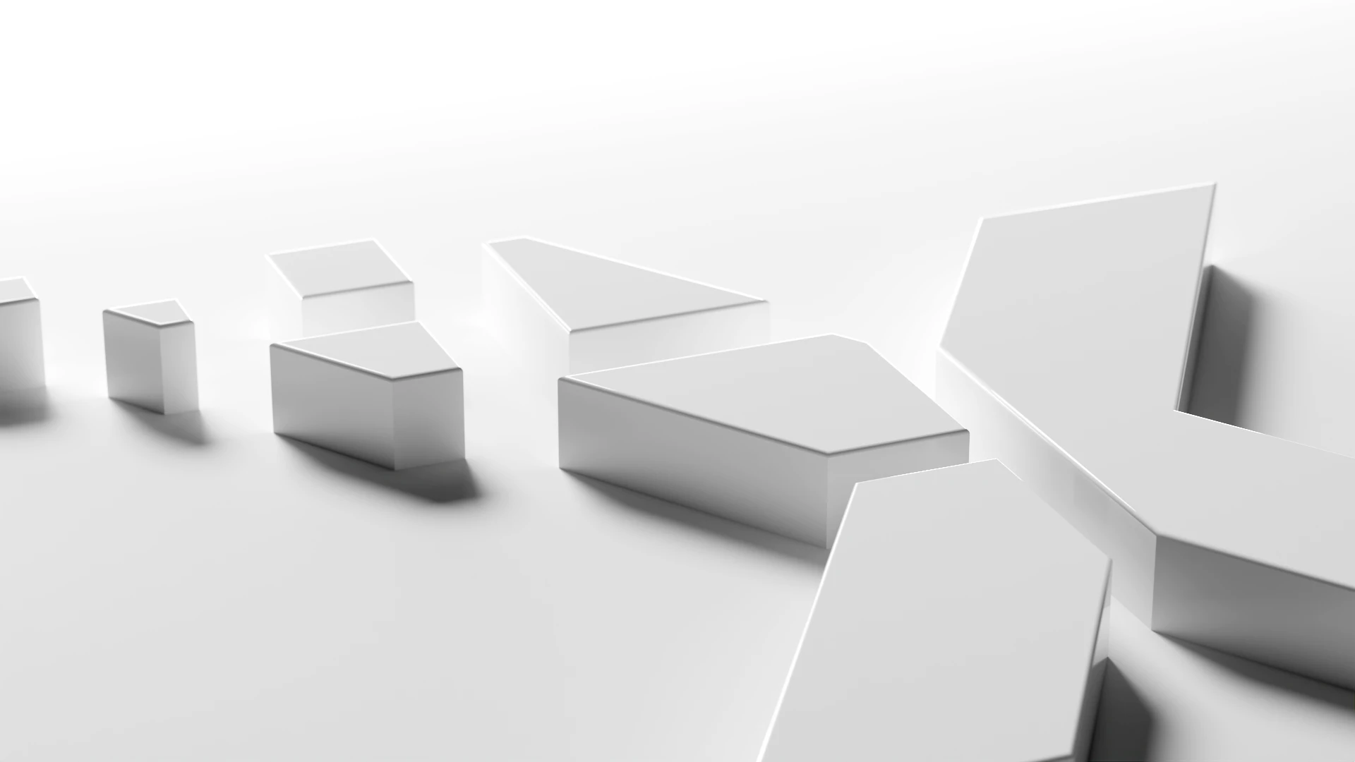 Abstract white 3D blocks aligned along a curved pathway against a pale gray gradient background.