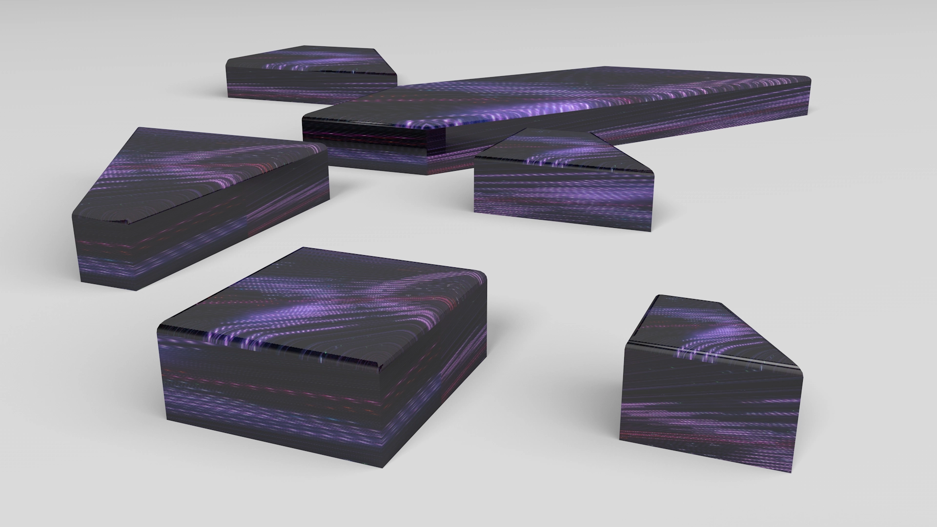 Abstract 3D blocks with purple light streaks arranged on a light gray surface in a studio setup.