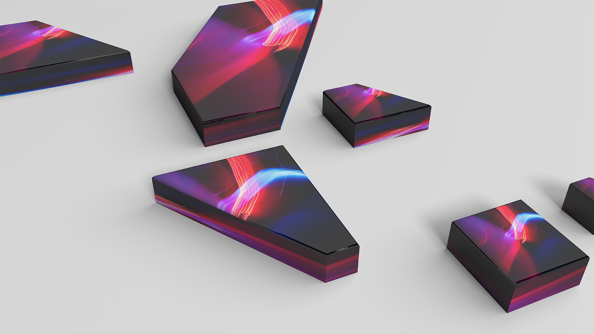 Glossy black rectangular boxes with pink, purple, and blue neon light trails on a light gray background.