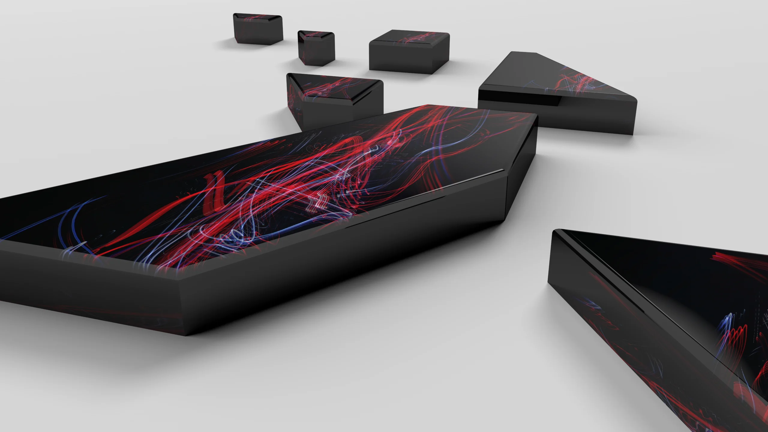 Abstract black geometric blocks with red and blue light trails spreading across glossy surfaces, set on a pale gray background.
