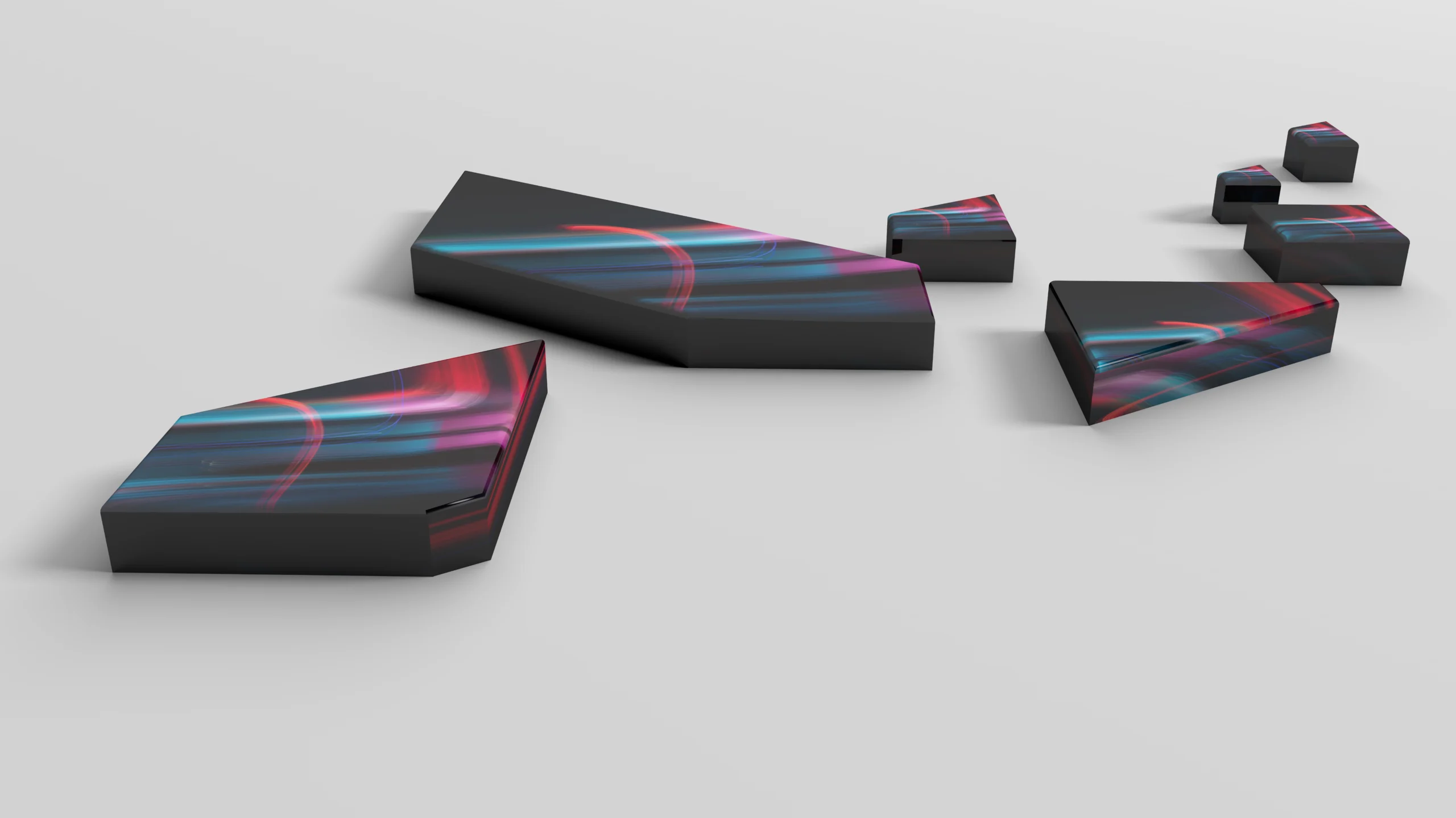 Abstract 3D blocks with purple light streaks arranged on a light gray surface in a studio setup.