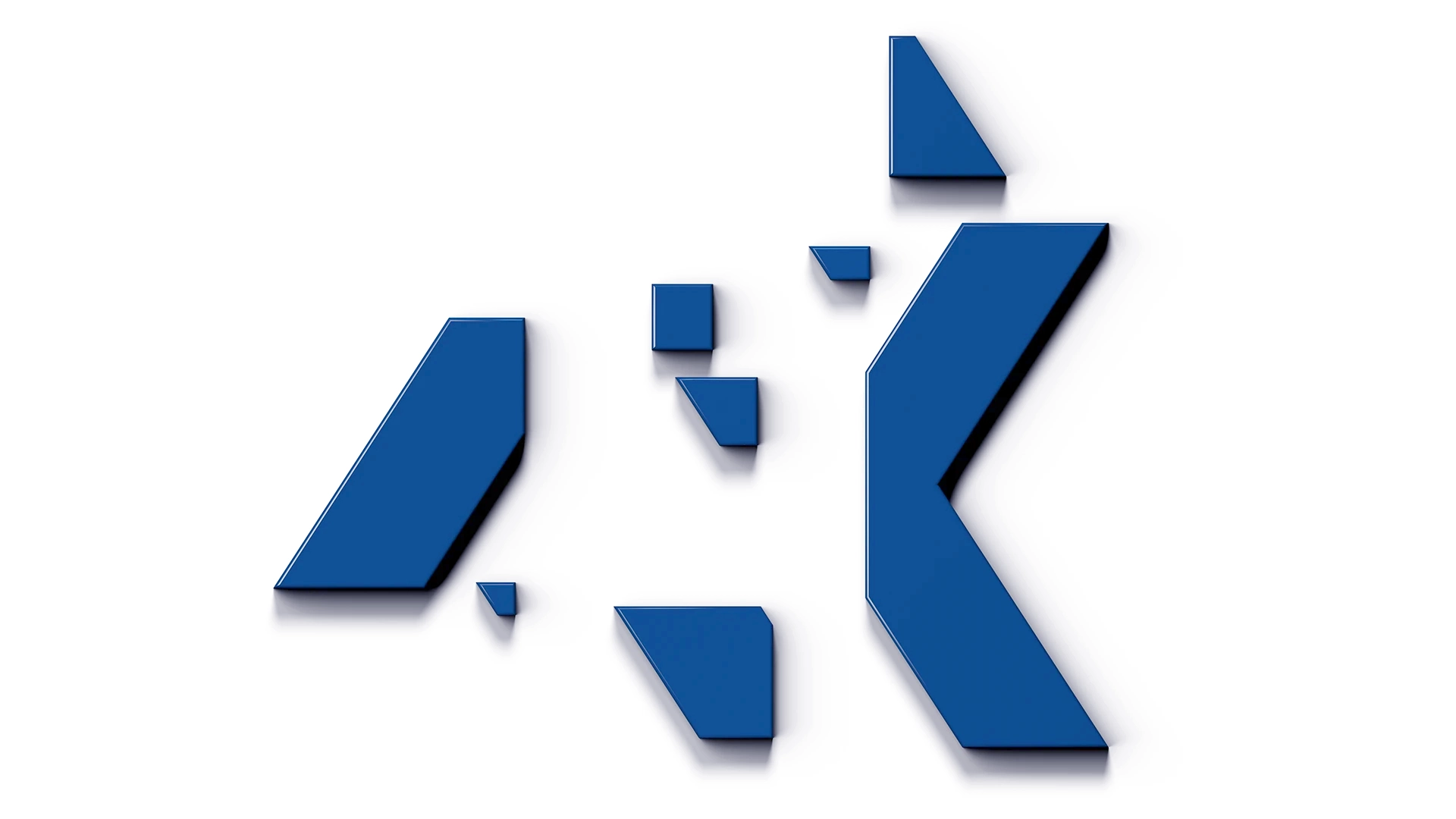 Abstract blue 3D geometric fragments scattered on a white background with soft shadows.