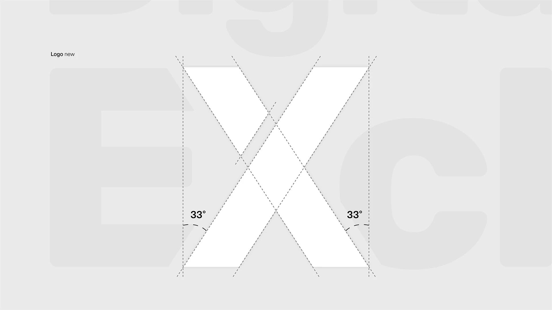 Mockup showing a new logo with diagonal crossed ribbons, angle guides at 33°, and a 'Logo new' label on a pale background.