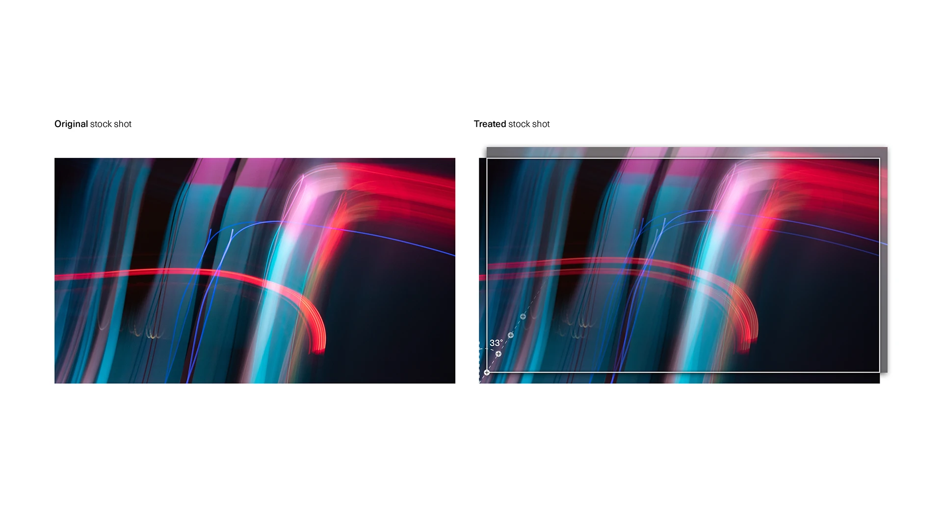 Comparison of two abstract light-trail photos: original on the left, treated version on the right with a framing overlay.