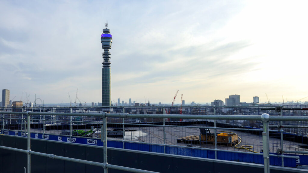 A view from the roof of Triton Square, overlooking the London skyline and the BT Tower.