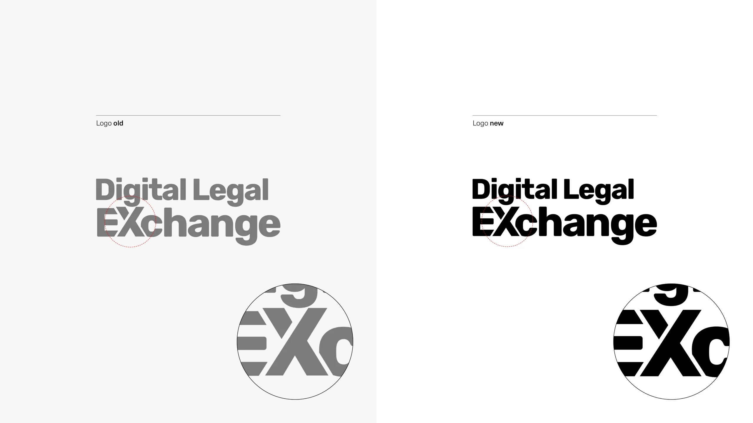Comparison of old and new Digital Legal Exchange logos: left gray stacked text with a circled area, right bold black version with a circled area.