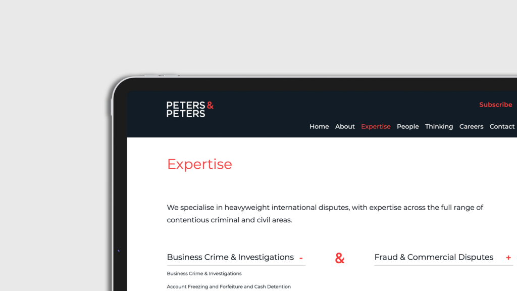 The Peters & Peters website on tablet