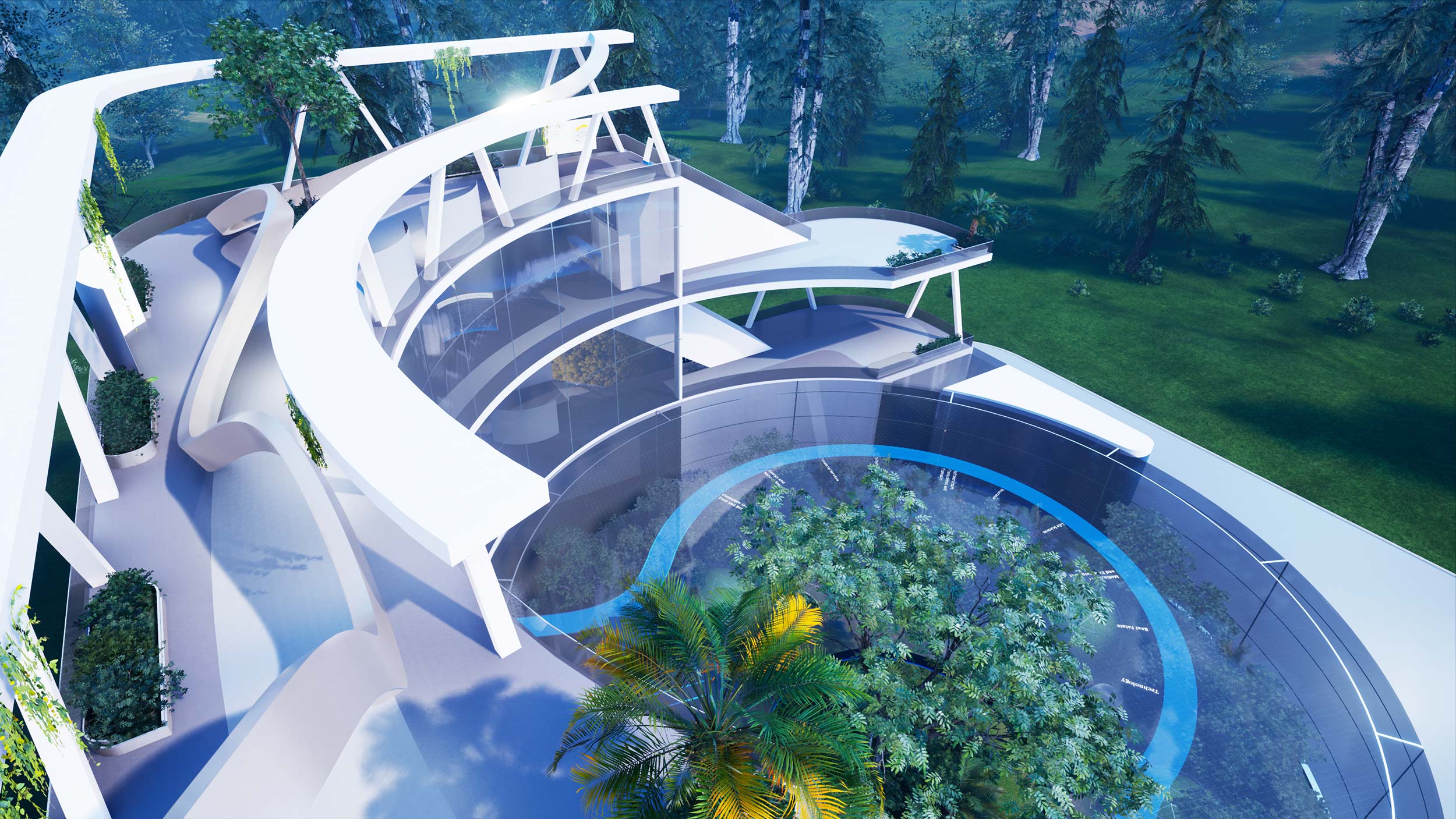 A view down on the central atrium roof in Shift