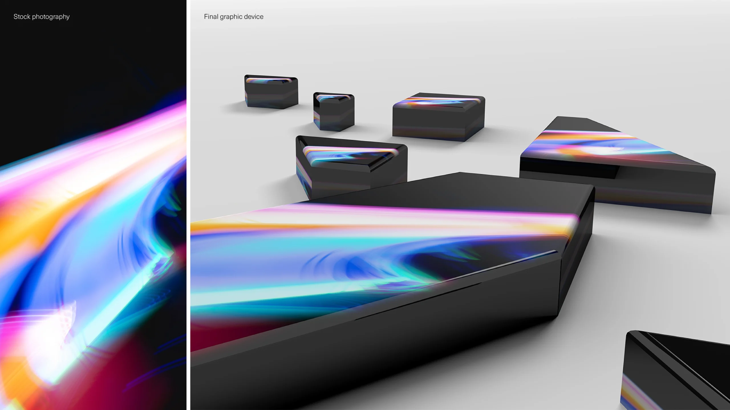 Abstract 3D black blocks with iridescent rainbow reflections on a light gray background, left panel showcasing a colorful light streak.